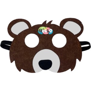 A brown felt animal mask shaped like a bear with black accents and two eye holes, featuring a logo on top.