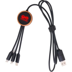 A round-shaped, black long light-up charging cable featuring a central logo and multiple connectors.
