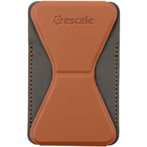 A brown and grey phone stand card holder with a logo, designed for convenient phone wallet use.