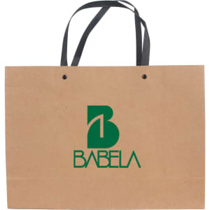 A large brown paper bag with a knitted black handle and a logo on the front.