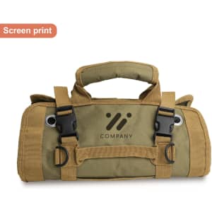 A green tool bag with handles and straps, featuring a logo, designed for easy transport and organisation.