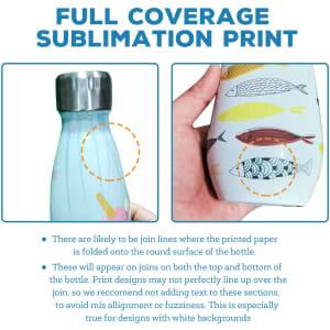 A drink bottle featuring a vibrant fish design, made of stainless steel with a double wall, and a logo on the cap.