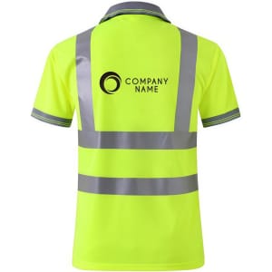 A bright yellow unisex polyester polo shirt featuring reflective stripes and a logo on the back.