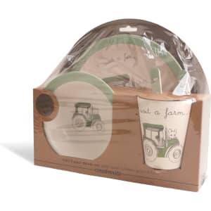 Bamboo fiber tableware set in green and white, featuring a tractor design. Includes plates, bowl, tumbler, and spoon.