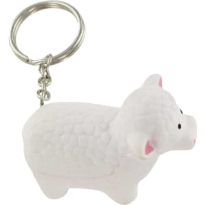 A white sheep-shaped stress reliever attached to a metal keyring.