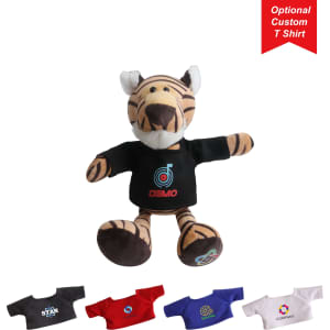 A plush tiger toy with a striped head, brown body, and a black T-shirt featuring a logo. Several other T-shirt options displayed below.