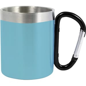 A drink bottle featuring a light blue recycled stainless steel body and a black carabiner handle.