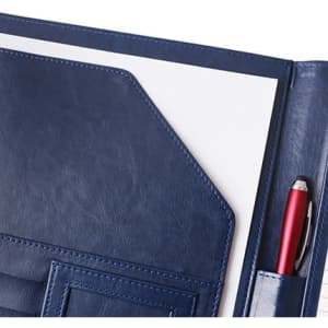 A4 Business Compendium in navy blue with a notepad, a pen, and various pockets for organisation.