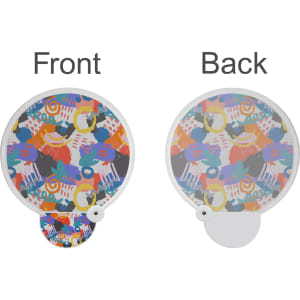 A foldable fan featuring a colourful abstract pattern on both sides with a white handle and a branding logo.