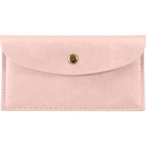 A pink PU leather glasses pouch with a gold snap closure and a smooth finish. Includes a logo on the surface.
