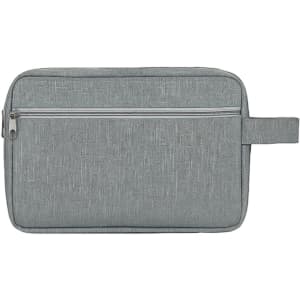 A grey toiletry bag with a handle and a zippered compartment on the front.