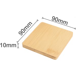 A square bamboo coaster with a smooth surface, measuring 90mm x 90mm and 10mm thick. Features a natural bamboo colour.