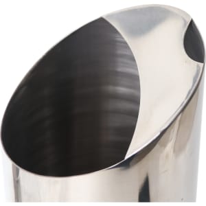 A stainless steel pitcher with a sleek design and a curved spout, featuring a reflective finish.