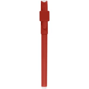 A red pen with a clip and a smooth barrel, featuring a logo on its side.