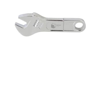 A silver spanner-shaped flash drive with a logo, designed for technology storage.