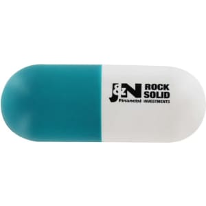 A capsule-shaped stress reliever in teal and white, featuring a logo on the surface.
