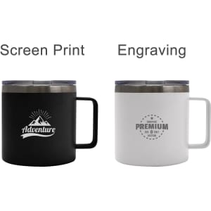 A drink bottle featuring a black mug with a logo and a white mug with engraved text. Both have handles and a metallic lid.