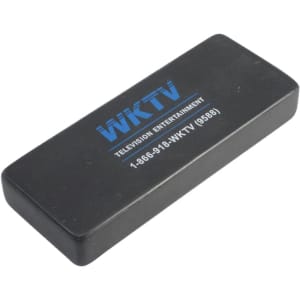 A black rectangular stress reliever designed to resemble a remote control, featuring a logo.