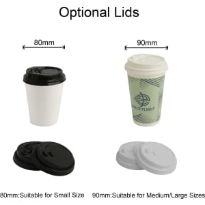 Custom disposable single wall paper cups in white and green, with optional black and white lids displayed.