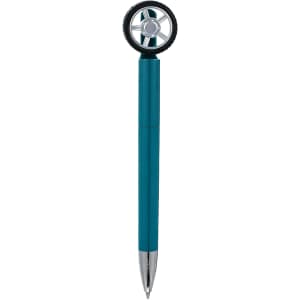 A teal pen with a fidget spinner shaped like a tire at the top, featuring a chrome detail and a silver point.