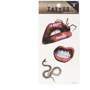 A pack of waterproof temporary tattoos featuring bold lips, a spider, and a snake design on a light background.