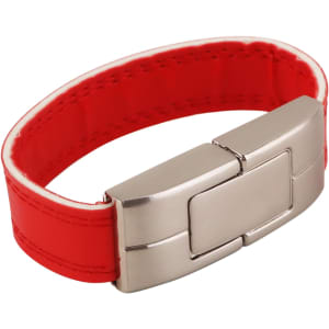 A red leather bracelet with a silver clasp, designed to function as a flash drive. It features a logo.