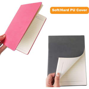 A pink and grey B5 PU cover notebook with lined pages, featuring a soft/hard cover and a logo.