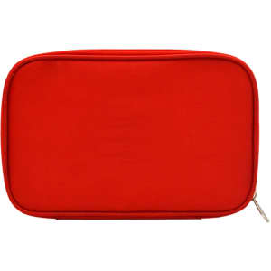 A red empty first aid kit bag with a zip closure and a flat surface. Features a logo.