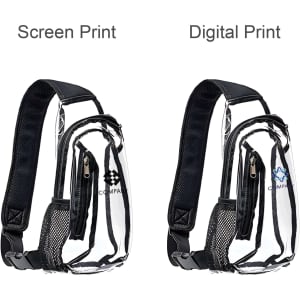 Large clear bag with shoulder strap, featuring mesh pockets and two printing styles. Available in black and transparent.