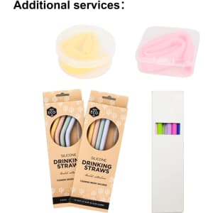 A collection of reusable silicone drinking straws in various pastel colours, packaged with a cleaning brush and a storage case.