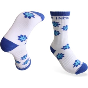 Crew woven work socks featuring a blue and white design with floral patterns. Includes a towel bottom for comfort.