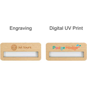 A set of reusable wooden name badges featuring light wood colour, with a logo on each and a clear insert area.