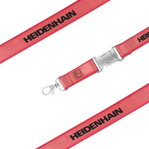 A red poly satin lanyard with a clip and logo. The lanyard features a smooth, glossy finish.