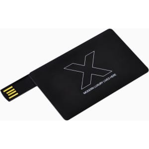 A sleek black flip card flash drive with a USB connector. Features a logo on the surface.