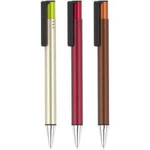Three pens in silver, red, and brown, featuring sleek designs and clips. The pens have a branding logo on one side.