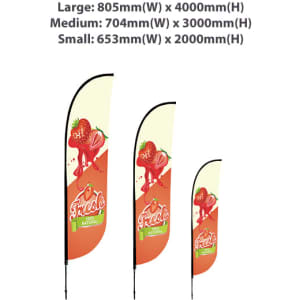 A set of three convex feather banners in varying sizes, featuring a vibrant design with a logo and strawberries.