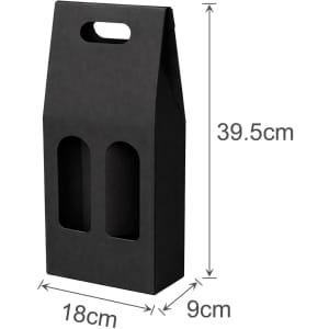 A black double bottle portable wine box with two circular cutouts and a handle, featuring dimensions of 39.5cm by 18cm by 9cm.