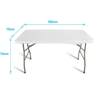 A white six-foot folding table with grey legs, measuring 180cm x 75cm x 74cm. It has an open back design.