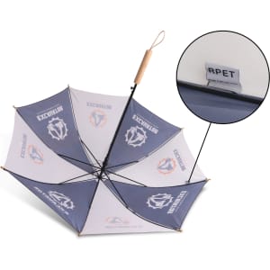 A blue and white RPET umbrella with a straight handle and various logos on the panels.