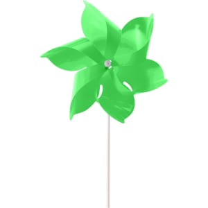 A green six-leaf pinwheel with a white stick, featuring a circular centre hub.