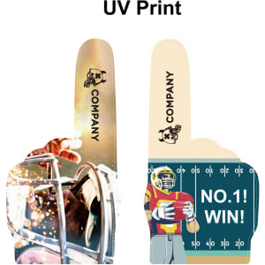A giant foam hand with multi-coloured designs, featuring a sports theme and branding on both sides.