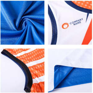 A reversible basketball singlet in blue and white, featuring orange accents and a branded logo.