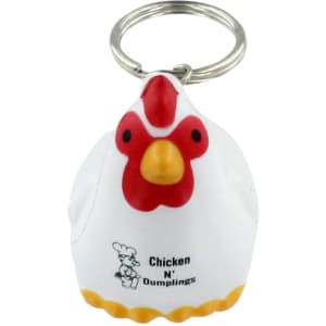 A white chicken-shaped keyring with a red comb and beak, attached to a metal keyring.