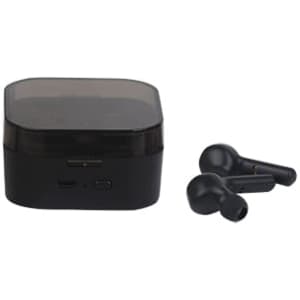 Square true wireless earbuds in black with a matching charging case. The case features a transparent lid.