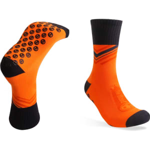 Orange socks with a black towel bottom and grips, featuring a black band at the top and logo detail.