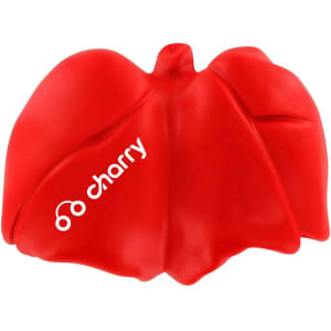 A red lung-shaped stress reliever with a logo. The design is smooth and slightly squishy.