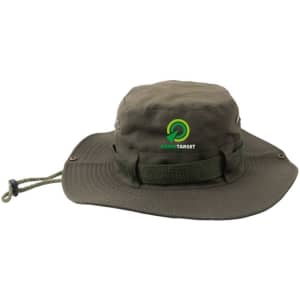 An olive green outdoor brim hat with a logo, featuring a wide brim and adjustable chin strap.