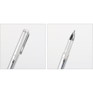 A silver pen with a clip and a shiny tip, showcasing both its closed and open positions.