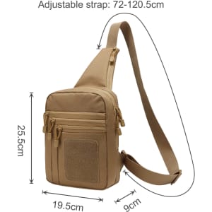 A tactical sling bag in tan, featuring an adjustable strap and multiple zippered pockets.