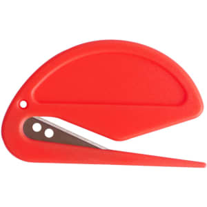 A red letter opener with a curved design and a metallic cutting blade. The item features a small logo.